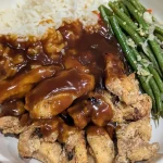 Salt and pepper chicken with rice and green beans